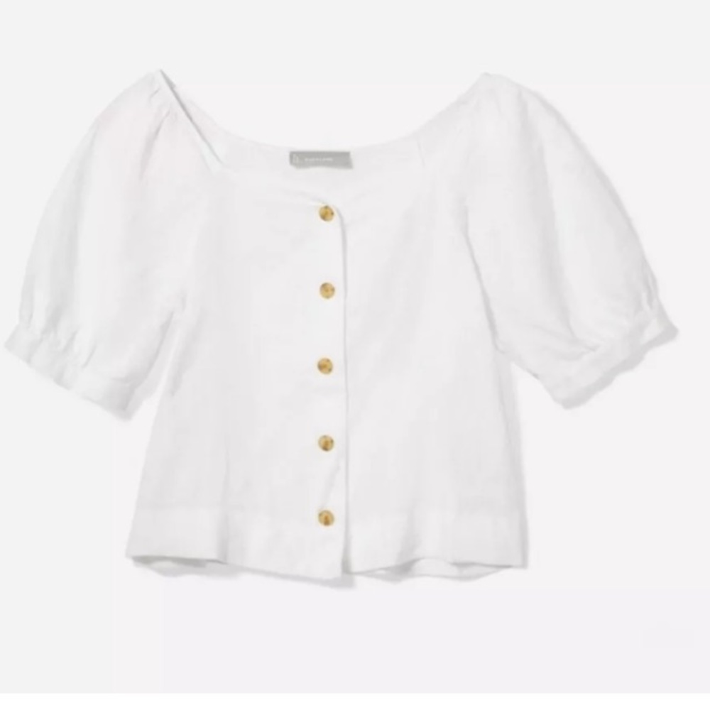 Everlane Linen Puff Sleeve White Button Up Top